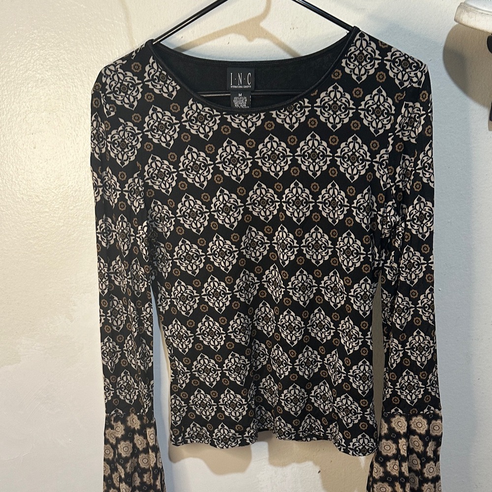 INC International Concepts Black and Cream Geometric Long-Sleeve Top